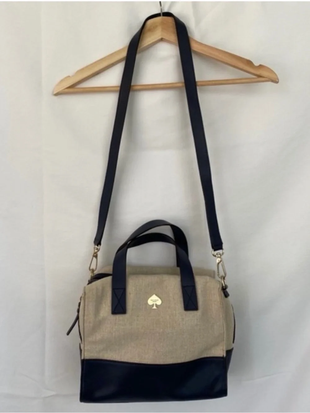 kate spade Beige and Navy Canvas Satchel with Gold Spade Logo